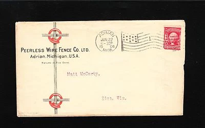 Peerless Wire Fence Adrian Michigan 1908 Flag Cancel #1 Cover M McArty Eden 7w - Image 1 of 2