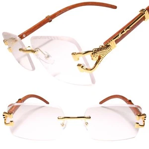 Gafas de lentes transparentes Look Rich Leopardo madera sintética oro templo sin montura hip hop - Imagen 1 de 3