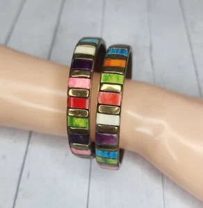 Vintage Brass And Colorful Inlay Mosaic Bangle Bracelets Bohemian Chic - Picture 1 of 11