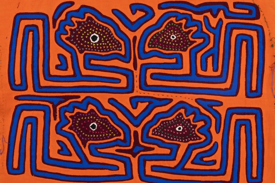 Kuna Indian Hand Stitch Orange and Blue Panama Mola Textile Art - Image 1 of 4