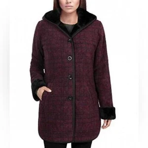 Ike Behar Plush Lined Hooded Jacket Faux Fur Burgundy Black Plaid Size Small - Picture 1 of 12