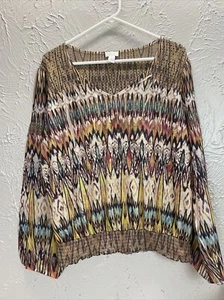Chico's Mujer Top Manga Larga Marrón Verde Cuello Redondo Transparente Adornado Talla 2 - Imagen 1 de 4