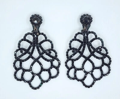 BRINCOS RAROS LONGOS KJL Kenneth Lane com clipe pendurado de gota de cristal preto ~ 3,5" - Imagem 1 de 4