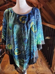 BLEU verziertes Top Bluse Damen XL blau bunt Chiffon Topper schwarz Tank  - Bild 1 von 16