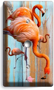 TROPICAL PINK FLAMINGO WORN OUT WOOD LIGHT DIMMER CABLE WALL PLATE ROOM HD DECOR - Picture 1 of 1