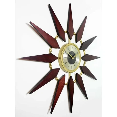 Wall Clock Retro 30 inch Mid-Century Gold Walnut Sunburst Vintage Home Office Cover
