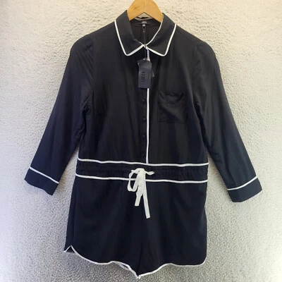 NEW Lucca Couture Button Up Romper Womens Medium Black Drawstring Collar Lined - Image 1 of 4