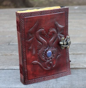 Double Dragon- Leather Journal | Grimoire 200 Vintage pages | Lapis Stone - Picture 1 of 5