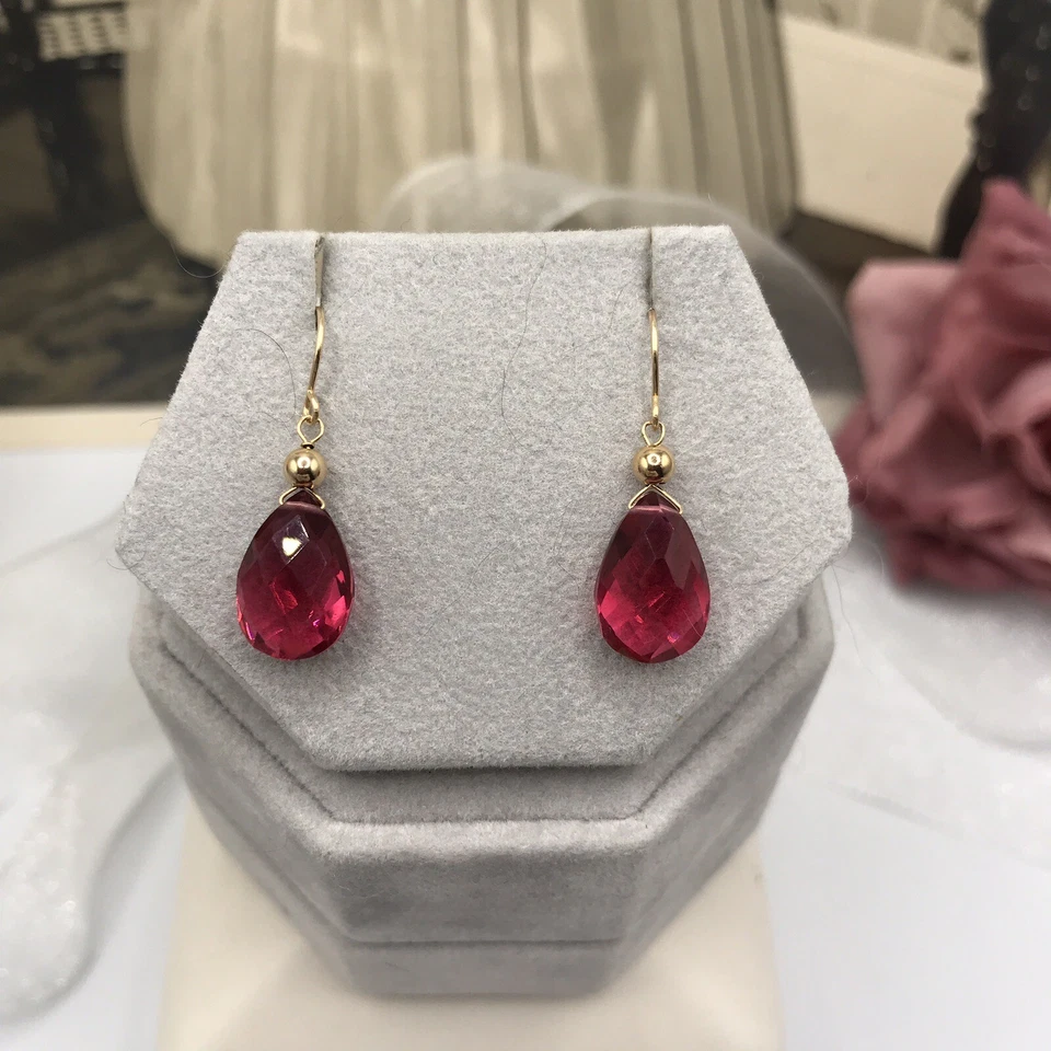 14k Gold Rubellite Pink Tourmaline Dangle Earrings Briolette SIMULATED Handmade - Image 1 of 1