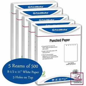 (FULL CASE) 5 HOLE PUNCH TOP PREPUNCHED PAPER, 20#, 8.5" X 11", 2500 sheets - Picture 1 of 7