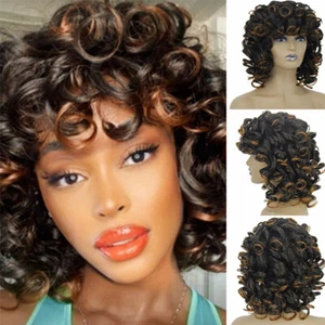 Short Loose Curly Wigs With Bangs Brown with Black Ombre Syntheitic Wig Fashion - Picture 1 of 11