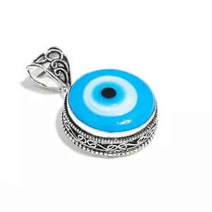 Blue Evil Eye Gemstone 925 Sterling Silver Jewelry Handmade Pendant For Gift - Picture 1 of 4