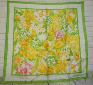 Vintage Avon S.N. Kent Green Yellow Pink White Polyester 26" Square Scarf - Picture 1 of 2