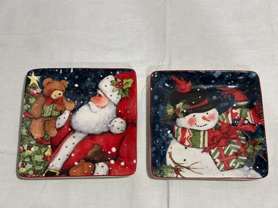 "Susan Winget Noche Nieve Navidad Juego de 2-6"" Platos Cuadrados de Aperitivo NUEVO Foto 1 de 4