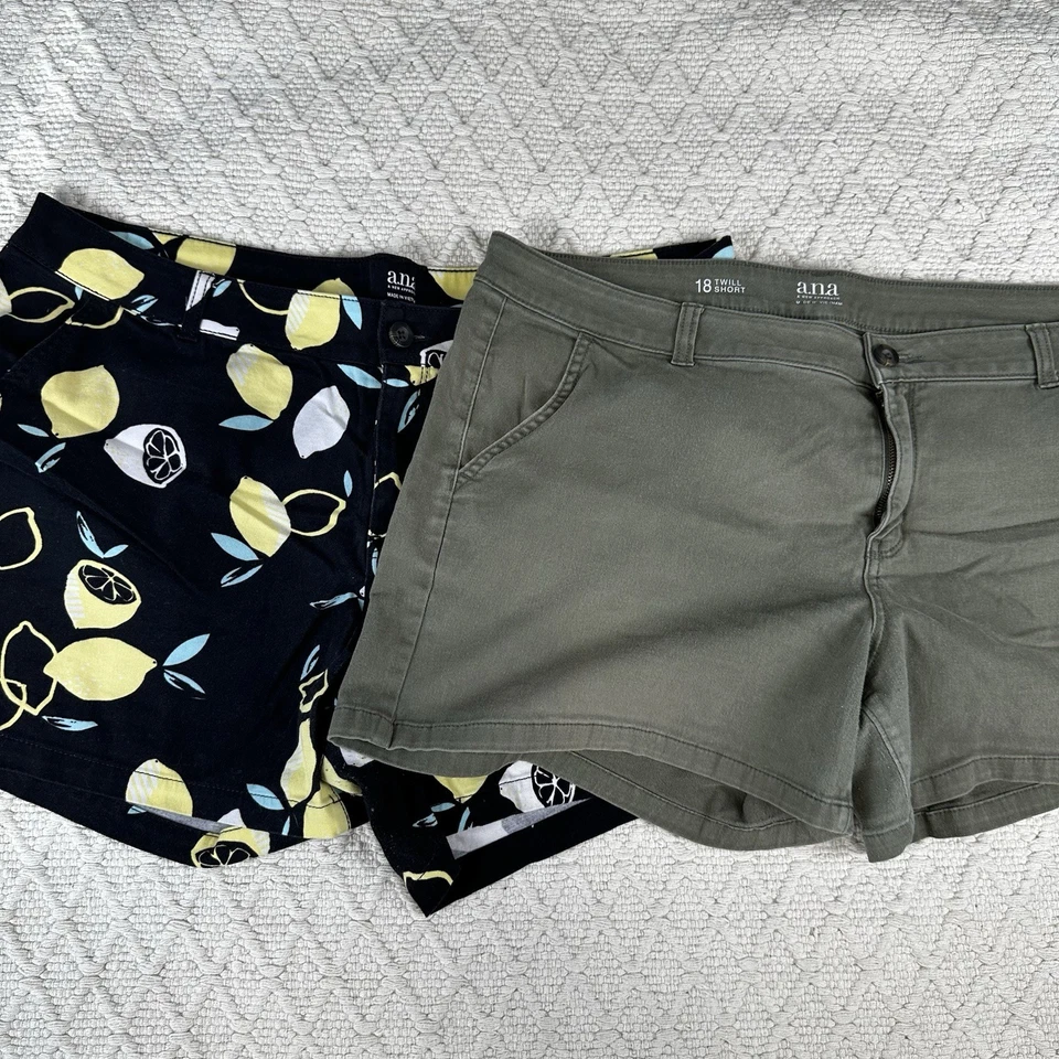 Paquete de pantalones cortos de sarga para mujer a.n.a talla 18 - verde oliva liso y estampado limón Foto 1 de 4