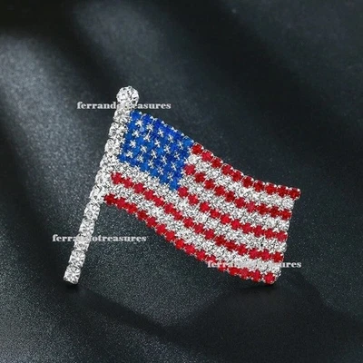 American Flag  157 Stones Patriotic Spirit Independence Day Brooch Pin - VIDEO - Image 1 of 3