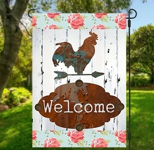 Garden Flag, welcome Rooster, 12”x18”, thick Burlap Polyester Doublesided - Picture 1 of 5