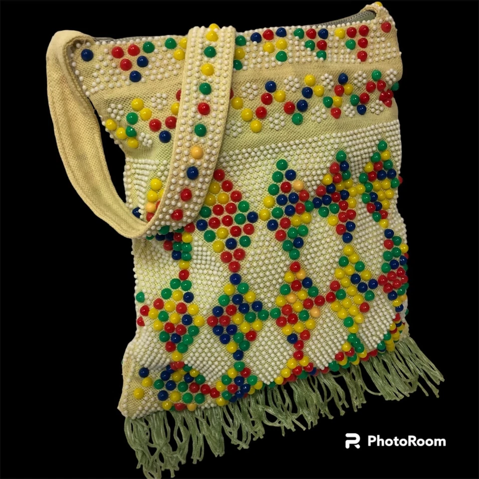 Nuevo de Lote Antiguo Bolso de Mano Hippie Arco Iris Años 60 70 RAINBOW Candy DOT Disco BORLA Cartera Foto 1 de 4