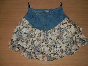 Damen Jeans Rock Blau Größe 42 Blumenmuster Rundschnitt 2 Kaskaden Vintage Retro - Bild 1 von 10