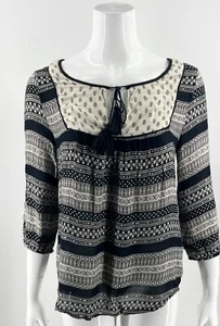 Forever 21 Peasant Top Size S Black Beige Boho Tassel Tie Neck Blouse Womens - Foto 1 di 6