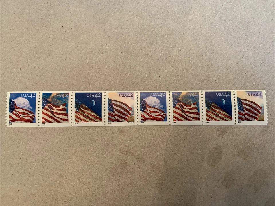 US Stamps # 4228 - 4231 42c Flags 2008 Plate Number Coil of 8 #S111111 MNH W/A - Image 1 of 1
