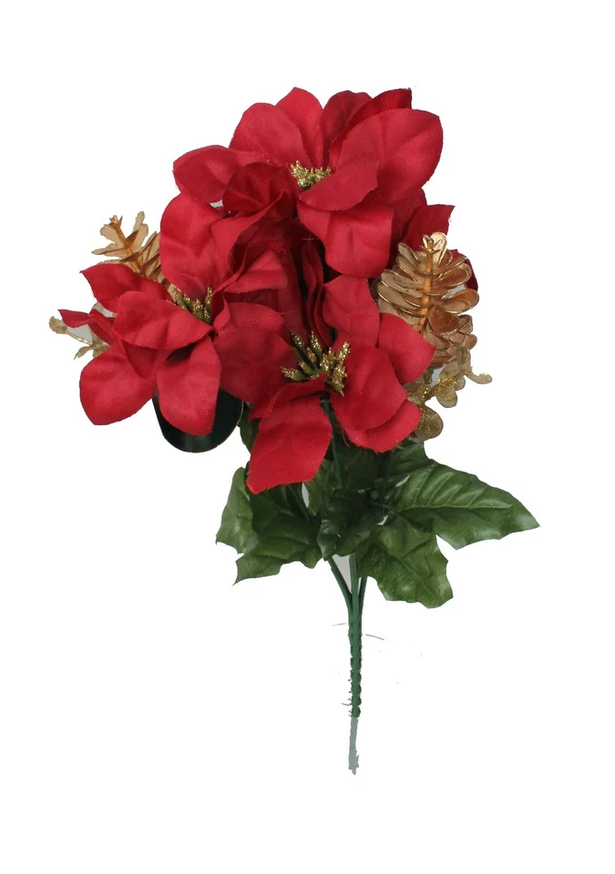 Deluxe 13" Sparkling Christmas 6 Head Mixed Bush Artificial 4" Poinsettia Pine c Foto 1 de 1
