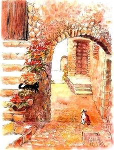 Katzen in einer Steingasse, Katze Wanddeko, Katzenmotiv, freundliche Katzen, süße Katzen-DS - Bild 1 von 13