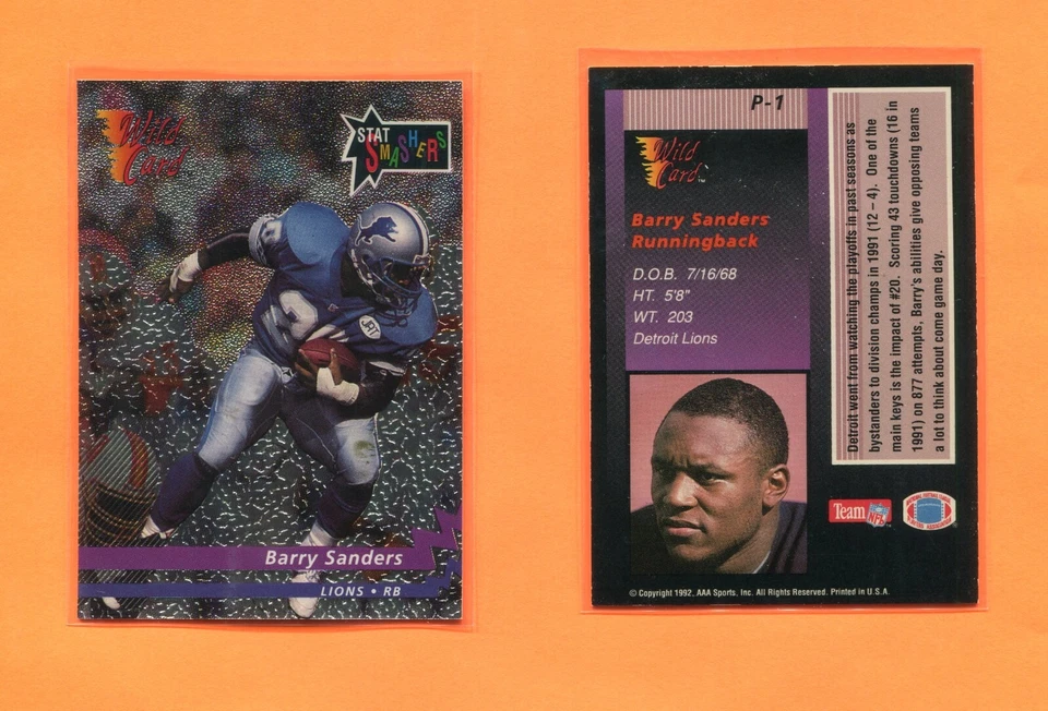 BARRY SANDERS DETROIT LIONS OKLAHOMA STATE 1992 WILD CARD STAT SMASHER #P-1 - Image 1 of 1