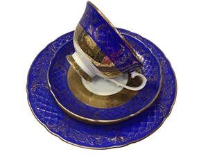 VINTAGE EBERTHAL GERMANY BLUE TRIO SET - CUP, SAUCER, SANDWICH PLATE - Picture 1 of 12