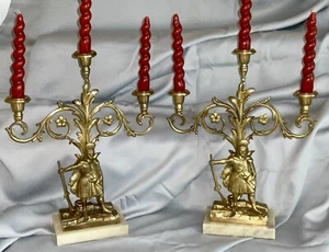 Antik 2 Indianer Messing Girandolen 3 Kerzenständer mit Marmorsockel - Bild 1 von 19