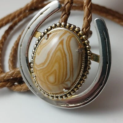 Vtg Jasper Stone Bolo Tie Bezel Horseshoe Setting Leather Braid Tie Brass Tips - Изображение 1 из 4