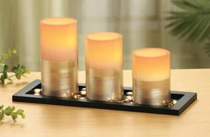 Elegant Gold Color Flameless Candle 3 Piece Set with Display Tray and Beads - Picture 1 of 1
