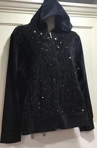 Onque Casuals Elements of Style Women Black Hoodie Glitter Sequins Velvet Soft L - Picture 1 of 9