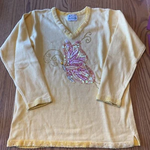 Quacker Factory Large Yellow Sweater magical jeweled pink butterfly bling! - Picture 1 of 6