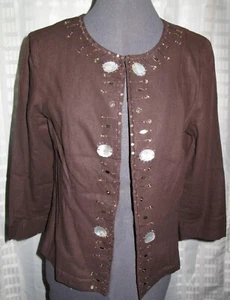 Versailles Brown Linen/Rayon Jacket w/mother of Pearl & Sequin Trim Size 6 - Picture 1 of 4
