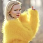 Fuzzy gelb Mohairpullover V-Ausschnitt handgestrickt flauschig weicher Pullover SuperTanya L