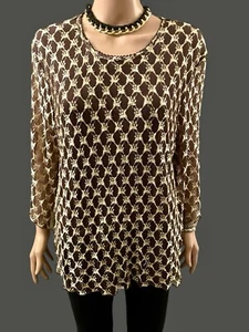 Vintage 90s Mesh Top Gold Brown Crotchet Lace Overlay Grunge Glam Stretch Size L - Picture 1 of 7