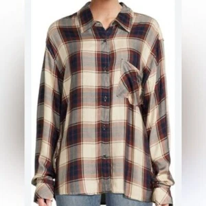WEWOREWHAT Women's Boyfriend Shirt Ecru Multi Plaid Size S/M New with Tags - Picture 1 of 10
