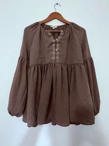 Women’s Boho Hayden Taupe Long Sleeve Peasant Top Boho Shirt Flowy Size Small - Picture 1 of 5