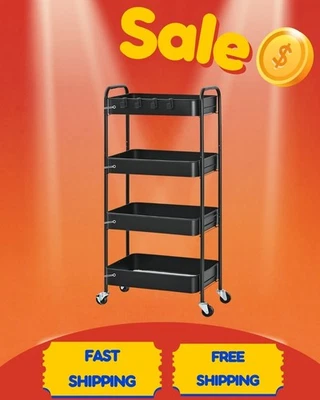 4-Tier Rolling Metal Cart with Lockable Wheels for Home Storage - Image 1 of 4