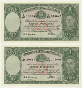 Australia: 1949 KGVI £1 Coombs-Watt Consecutive Pair aUNC, Cat $1600 - Picture 1 of 2