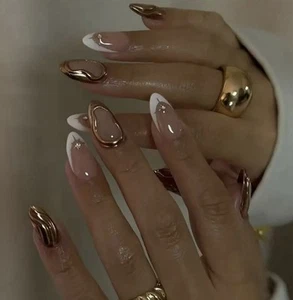 24pc White Nude French Almond Short PressOn Nail Glossy Metallic Accent Reusable - Picture 1 of 5