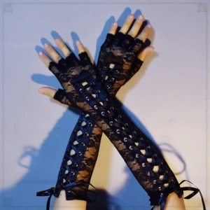 Lady Punk Lolita Gothic Fingerless Gloves Lace Satin Elbow Gloves Costumes Retro - Picture 1 of 15