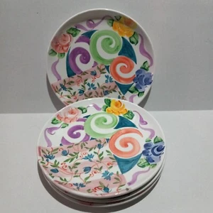 Hand Painted Italian Ceramic Dinner Plates-Set Of 4-Patchwork-Floral-Swirls-Vine - Picture 1 of 16