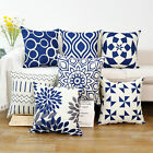 Blue Linen Cushion Covers Geometric Pattern Pillow Case Sofa Home Car Decor 45CM