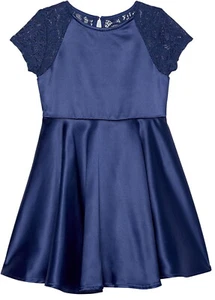 Calvin Klein Girls Lace and Satin Party Short Sleeve Dress Blue Satin 16 - Picture 1 of 6