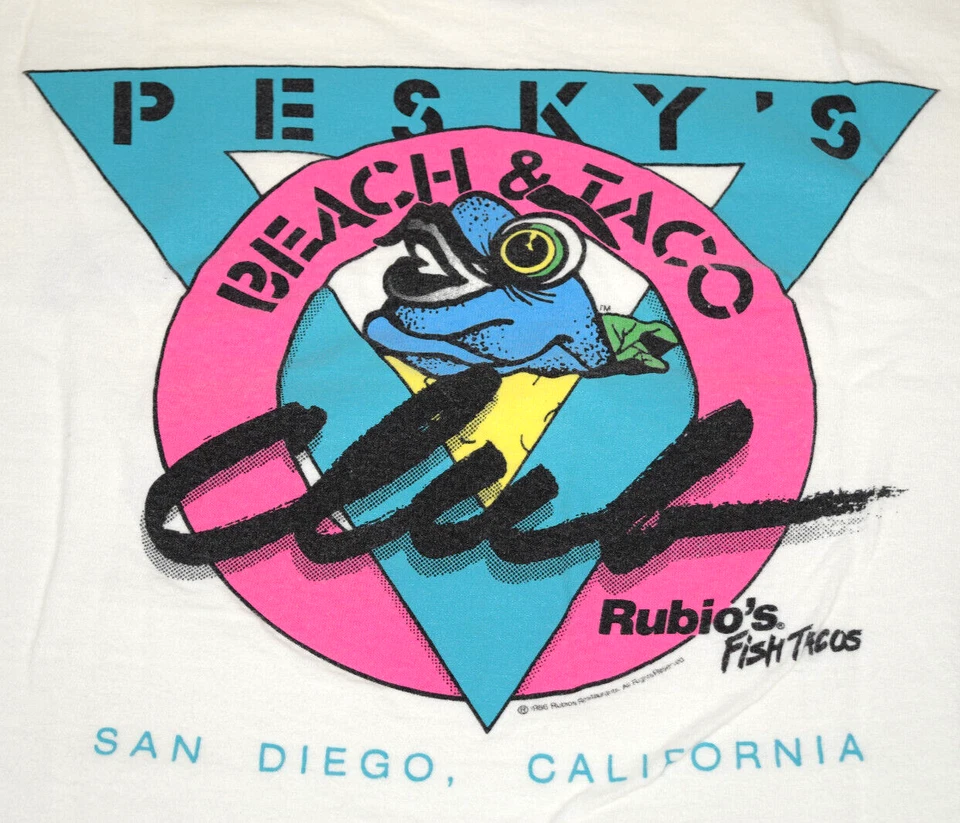 Vintage T-Shirt Size 80s Pesky's Beach and Taco Club Rubio's Fish Tacos c.1986 - Image 1 of 4