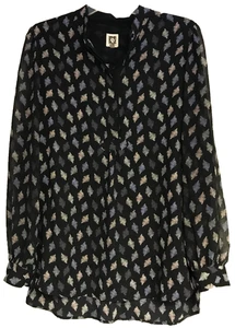 Blusa túnica Anne Klein mediana manga larga cuello en V negra geométrica pulóver transparente - Imagen 1 de 10