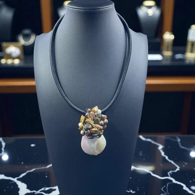 Boho Pendant Necklace Shell Stone Natural Earthy Artisan Handmade Coastal - Image 1 of 4