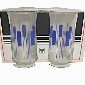 VTG CRISA Clearly Glassware Atomic 12oz Highball 4 w/box NOS Blue Geometric MCM - Picture 1 of 4